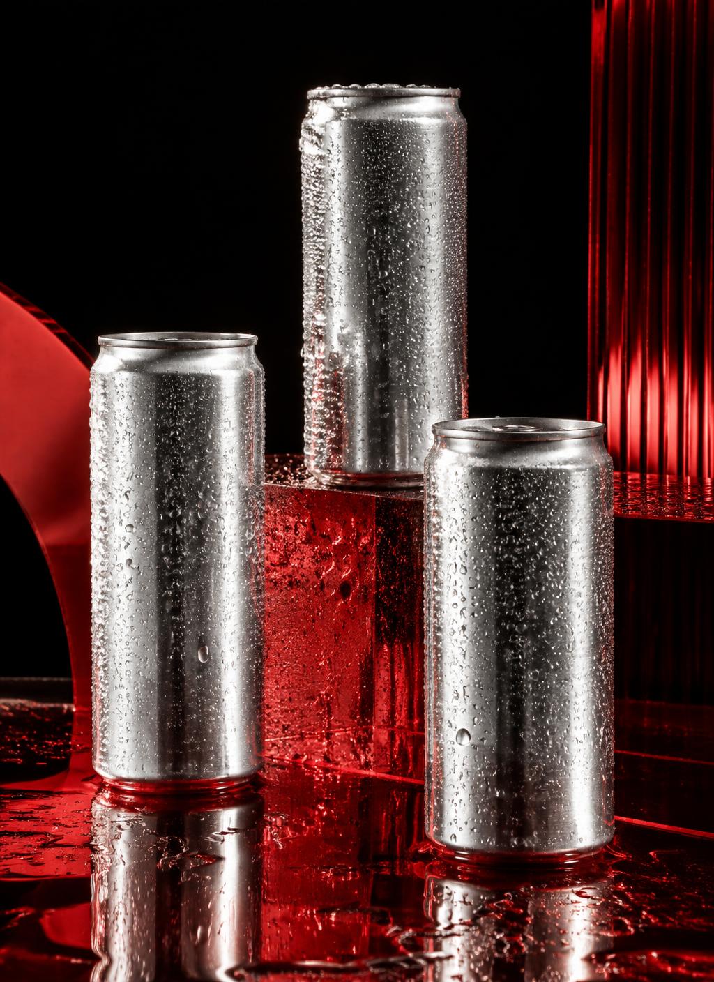 Condensation-covered silver beverage cans in a red studio set