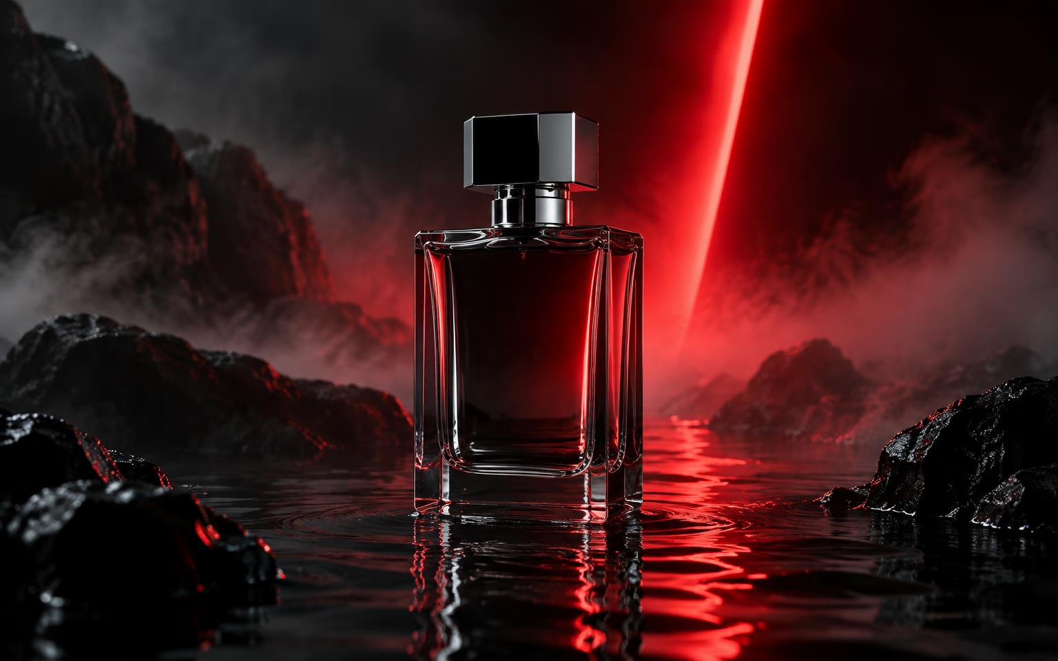 Luxury perfume bottle surrounded by water, stone, and red light