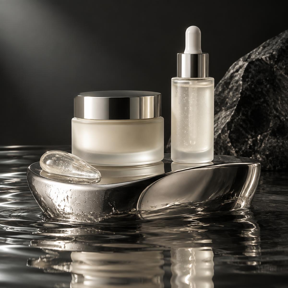 Minimal skincare jars and serum on a reflective sculptural set